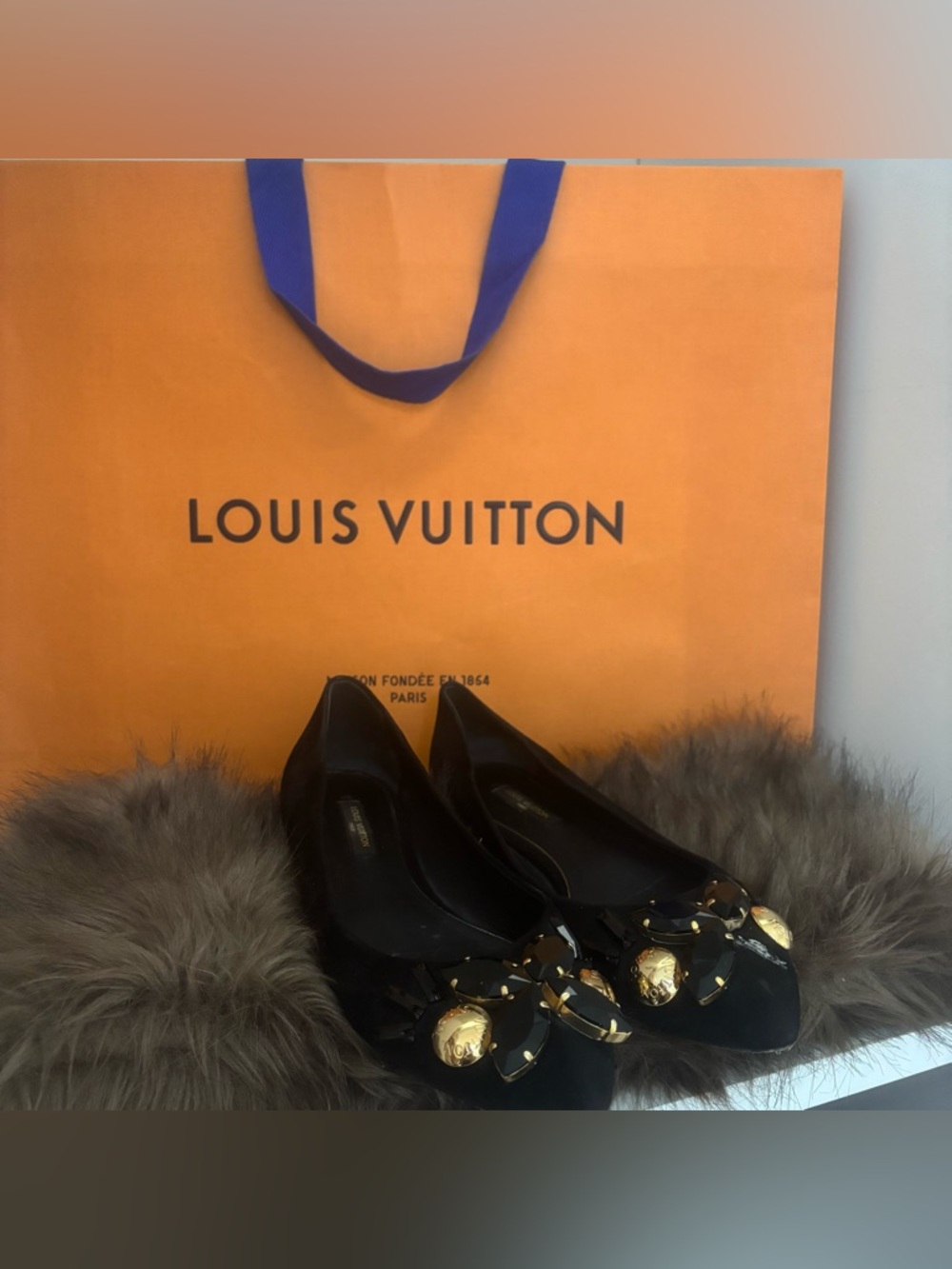 Louis Vuitton Black Flats with Gold Tone/Jewel Embellishments (Womens)